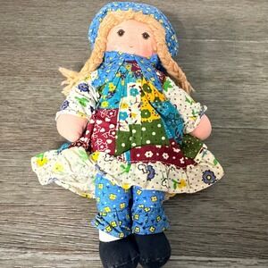 Vintage Holly Hobbie Rag Doll Knickerbocker Patchwork Dress Blue Bonnet 10 inch